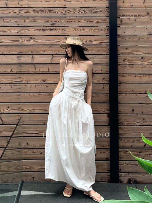 Duga haljina s tube-top gornjim dijelom, bez rukava, poliester, jednobojni model, odmor stil