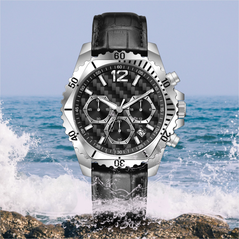 Pánske obchodné quartz hodinky s chronografom, kalendárom a 24-hodinovým zobrazením, kožený remienok, vodotesnosť 30 m