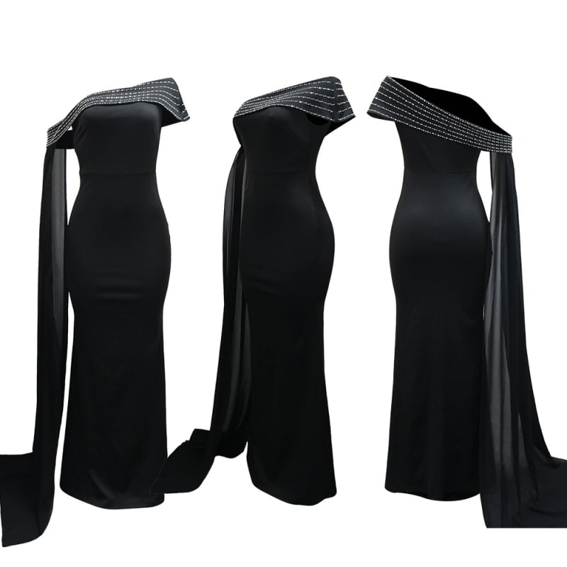 Haljina s jednim ramenom, halter vrat, bez rukava, duga suknja, poliester i spandeks