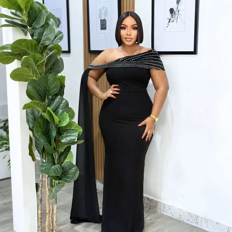 Haljina s jednim ramenom, halter vrat, bez rukava, duga suknja, poliester i spandeks