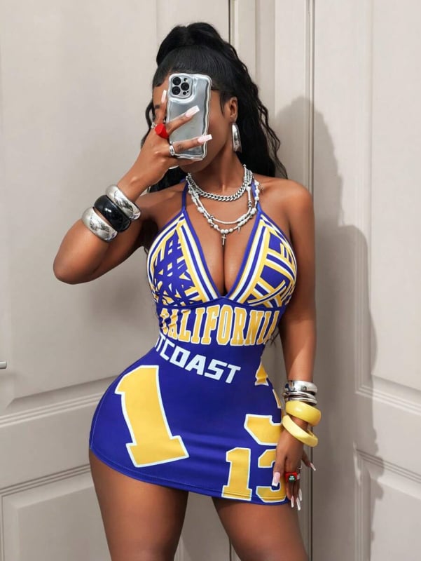 Haljina - Halter stil, V-dekolte, bez rukava, visoki struk, kratka duljina; Poliester, Otisak