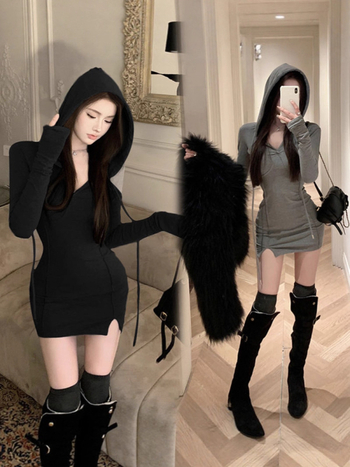 Poliesterska haljina s kapuljačom, dugi rukavi, visoki struk, jednobojna