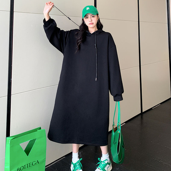 Haljina-sweatshirt s kapuljačom, fleec podstava, dugačka, poliester materijal, zima 2024