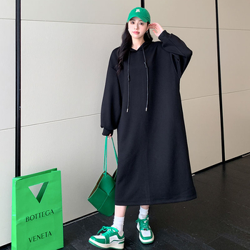 Haljina-sweatshirt s kapuljačom, fleec podstava, dugačka, poliester materijal, zima 2024