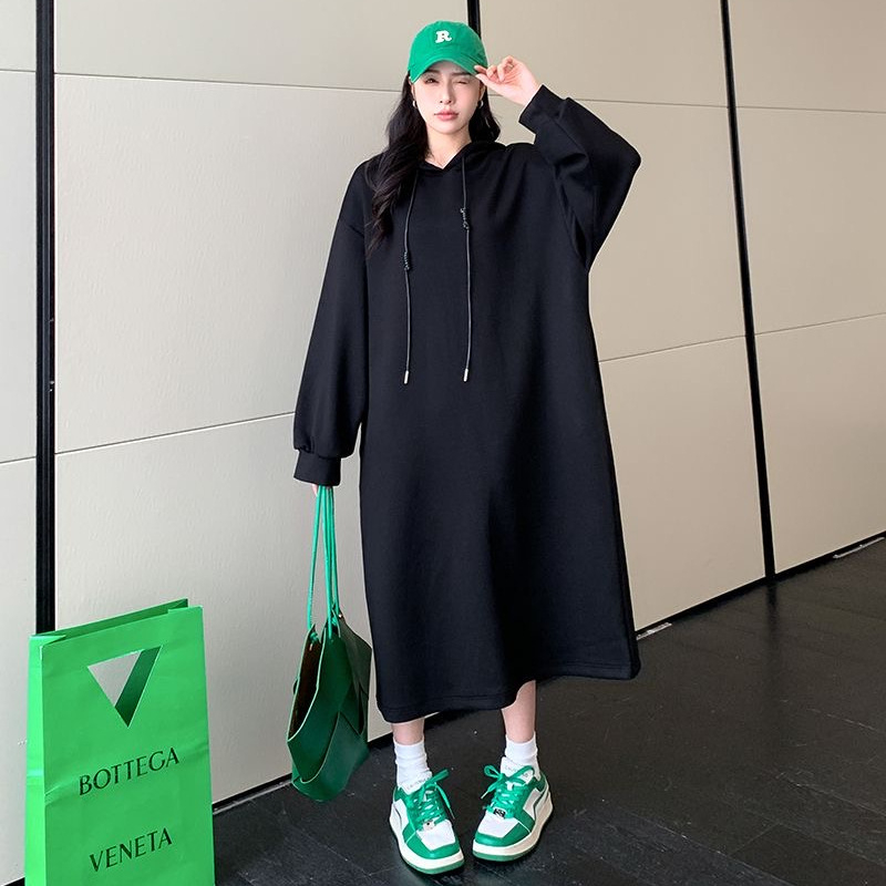 Haljina-sweatshirt s kapuljačom, fleec podstava, dugačka, poliester materijal, zima 2024