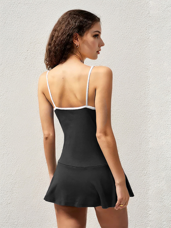 Haljina s naramenicama, otisak slova, U izrez, visokim strukom, A-linija, kratka haljina