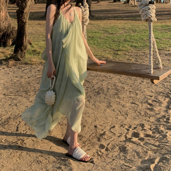 Haljina s V izrezom i halterom, bez rukava, duga A-linijska haljina, visoki struk, poliester, 3D efekt uzorak, koláž/shivanje, japansko-korejski opušten stil, ljeto 2025