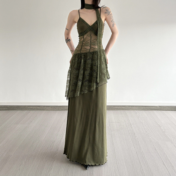 Patchwork haljina s trakama, vintage-retro stil, V-izrez, bez rukava, visokim strukom