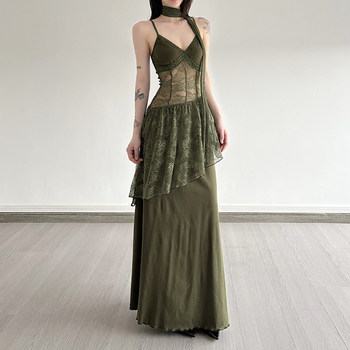 Patchwork haljina s trakama, vintage-retro stil, V-izrez, bez rukava, visokim strukom