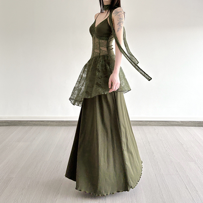 Patchwork haljina s trakama, vintage-retro stil, V-izrez, bez rukava, visokim strukom