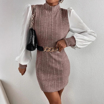 Patchwork haljina s lažnim pojasom, polu-visoki ovratnik, lampionski rukavi, srednja duljina, A-linija