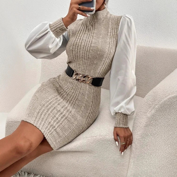 Patchwork haljina s lažnim pojasom, polu-visoki ovratnik, lampionski rukavi, srednja duljina, A-linija