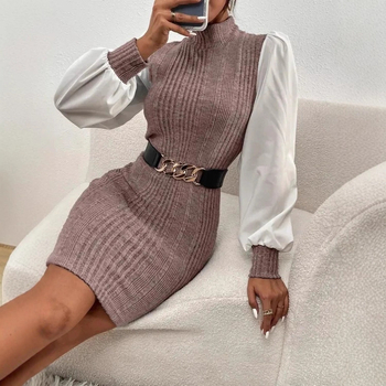 Patchwork haljina s lažnim pojasom, polu-visoki ovratnik, lampionski rukavi, srednja duljina, A-linija