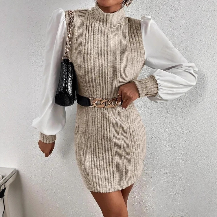 Patchwork haljina s lažnim pojasom, polu-visoki ovratnik, lampionski rukavi, srednja duljina, A-linija