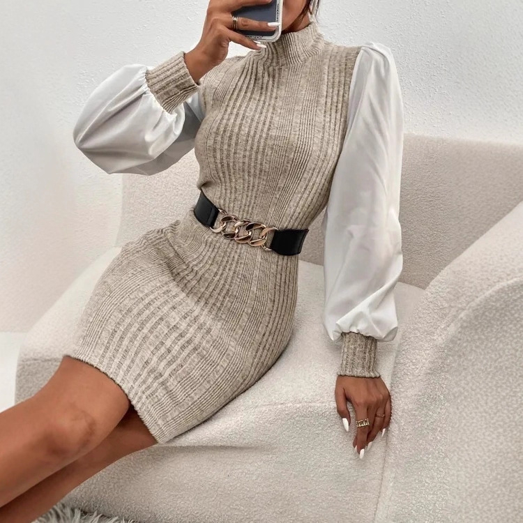 Patchwork haljina s lažnim pojasom, polu-visoki ovratnik, lampionski rukavi, srednja duljina, A-linija