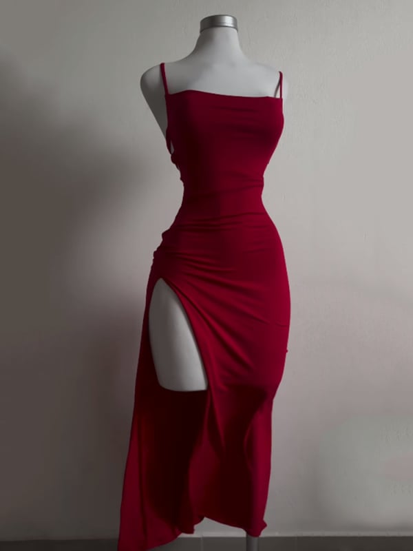 Duga haljina bez rukava s panelnim dizajnom, jednobojni poliester, visok struk, bočni prorez, vezivanje šnira