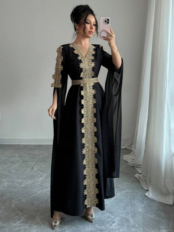 Izšivana haljina s V izrezom, dugi rukavi, patchwork dizajn, ravni kroj, smjesa poliester-šifon