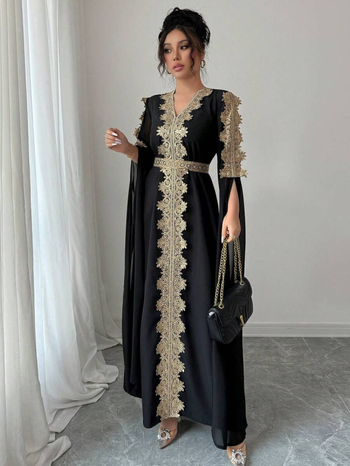 Izšivana haljina s V izrezom, dugi rukavi, patchwork dizajn, ravni kroj, smjesa poliester-šifon