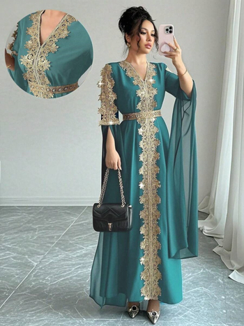 Izšivana haljina s V izrezom, dugi rukavi, patchwork dizajn, ravni kroj, smjesa poliester-šifon