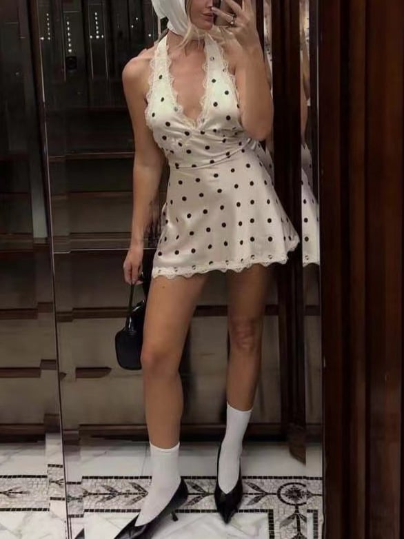 Haljina s točkicama, halter vrat, francuski stil, bez leđa, poliester, ljeto 2025