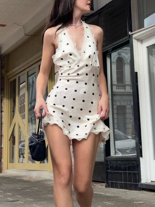 Haljina s točkicama, halter vrat, francuski stil, bez leđa, poliester, ljeto 2025