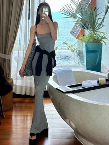 Bodycon haljina s trakama, Kardashian-inspirirana maksi, viskoza-spandeks smjesa, visok struk