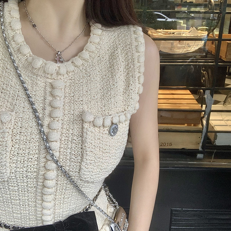 Pletena pamučna haljina s okruglim izrezom, bez rukava, visoki struk, kratka duljina