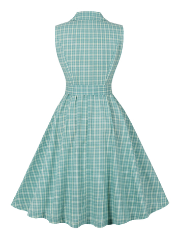 Šaty z bavlny so kockovaným vzorom, inšpirované Hepburn, vintage štýl, s golierom saka, bez rukávov, s vysokým pásom, midi dĺžka