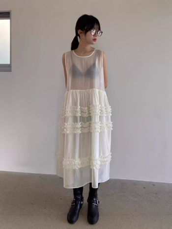 Haljina bez rukava, korejskog stila, A-linijske kroja, midi duljine, okrugli izrez, jednobojna poliester tkanina