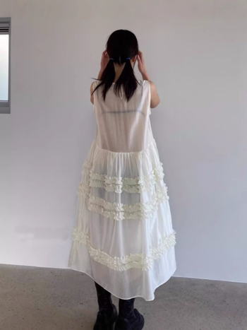 Haljina bez rukava, korejskog stila, A-linijske kroja, midi duljine, okrugli izrez, jednobojna poliester tkanina