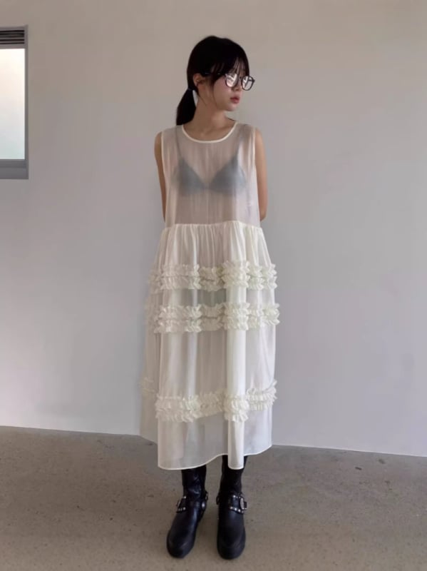 Haljina bez rukava, korejskog stila, A-linijske kroja, midi duljine, okrugli izrez, jednobojna poliester tkanina