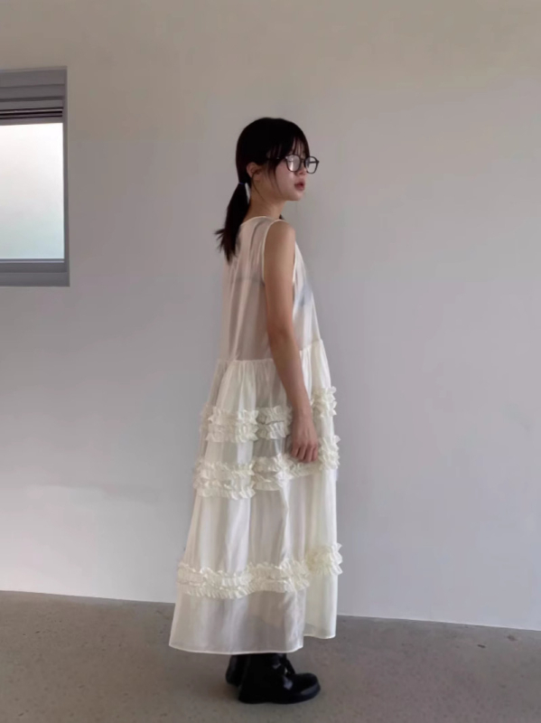 Haljina bez rukava, korejskog stila, A-linijske kroja, midi duljine, okrugli izrez, jednobojna poliester tkanina