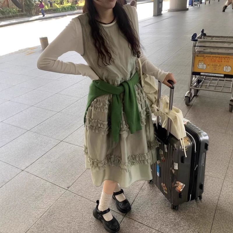 Haljina bez rukava, korejskog stila, A-linijske kroja, midi duljine, okrugli izrez, jednobojna poliester tkanina