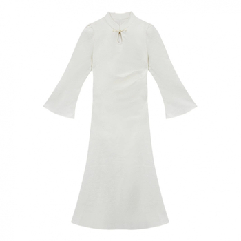 Rochie Qipao cu imprimeu geometric, poliester, mâneci clopot, guler înalt, fustă lungă (Poliester; Geometric pattern; Bell sleeves; Stand collar; Long skirt)