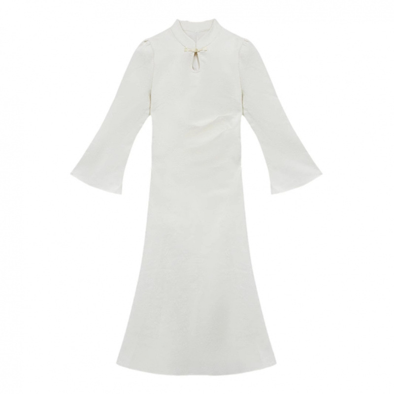 Rochie Qipao cu imprimeu geometric, poliester, mâneci clopot, guler înalt, fustă lungă (Poliester; Geometric pattern; Bell sleeves; Stand collar; Long skirt)