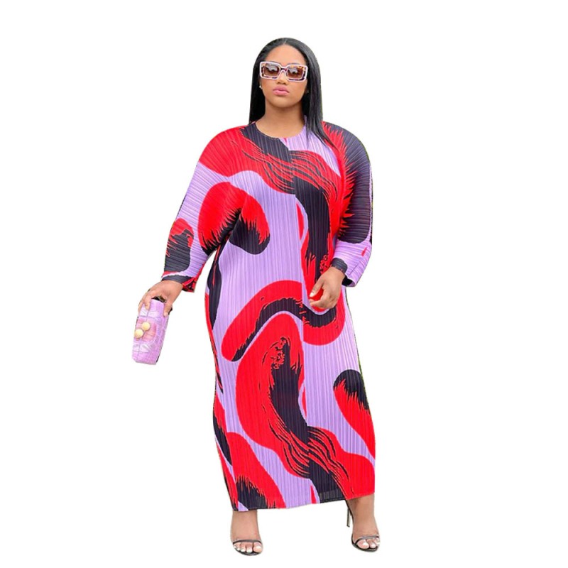 Duga haljina s okruglim izrezom, plisirani uzorak, poliester i spandeks