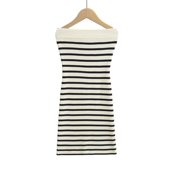 Jednodelna haljina s prugastim uzorkom, poliester-spandeks smjesa, elastičan struk, puff suknja, bez rukava, proljeće 2025