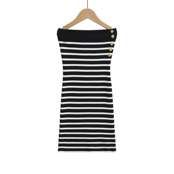 Jednodelna haljina s prugastim uzorkom, poliester-spandeks smjesa, elastičan struk, puff suknja, bez rukava, proljeće 2025