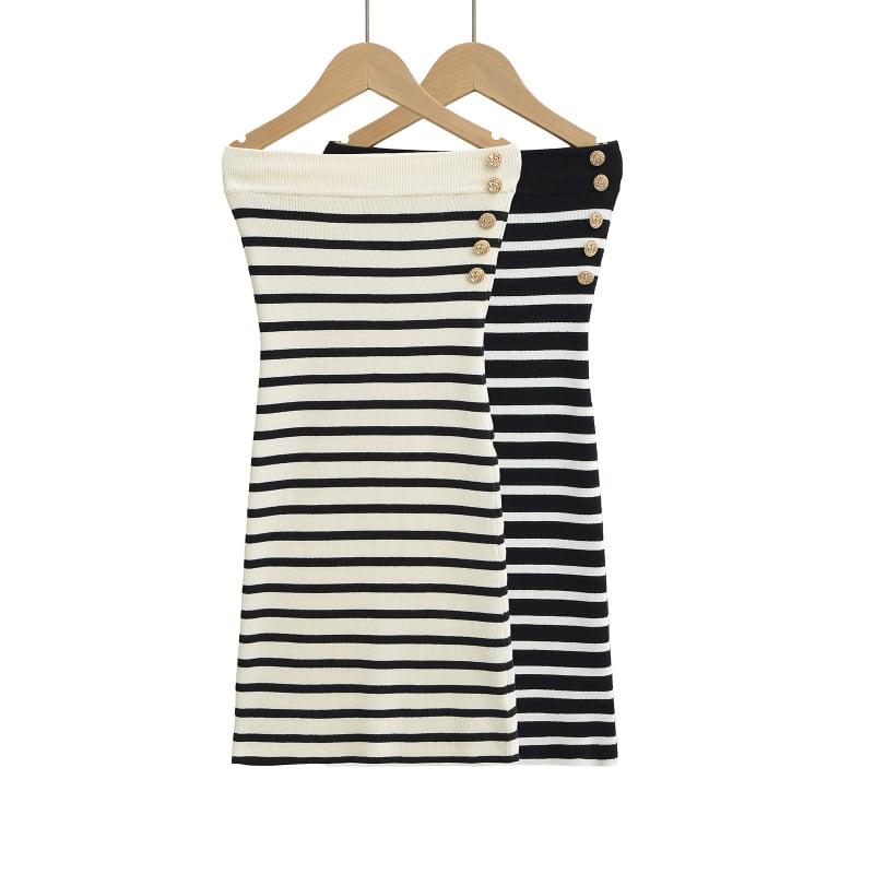 Jednodelna haljina s prugastim uzorkom, poliester-spandeks smjesa, elastičan struk, puff suknja, bez rukava, proljeće 2025