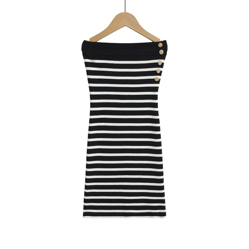 Jednodelna haljina s prugastim uzorkom, poliester-spandeks smjesa, elastičan struk, puff suknja, bez rukava, proljeće 2025