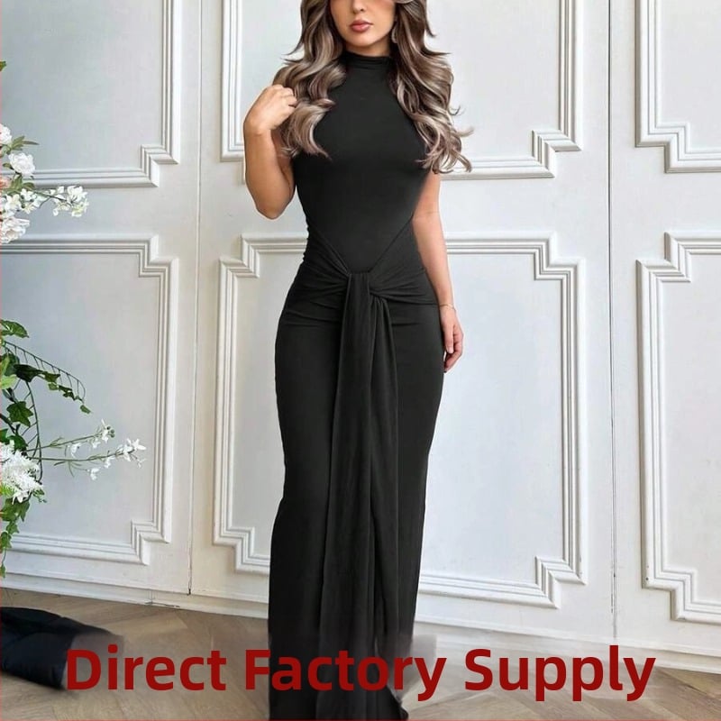 Duga haljina bez rukava, okruglog izreza, visokim strukom, od poliestera i spandexa