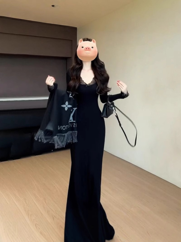 Hepburn stilom dugačke rukave pletene haljine od poliestera, visokim strukom, V izrezom i A-linijskim krojem