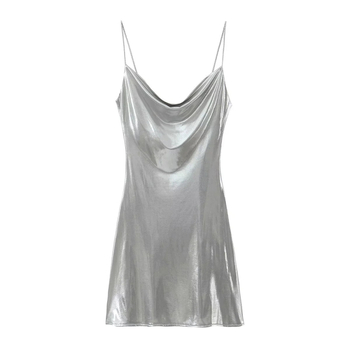 Duga haljina s trakama u camisole stilu, bez rukava, bez leđa, poliester, 3D efekt i kolaz detalji, A‑linijski kroj