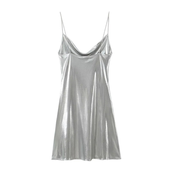 Duga haljina s trakama u camisole stilu, bez rukava, bez leđa, poliester, 3D efekt i kolaz detalji, A‑linijski kroj