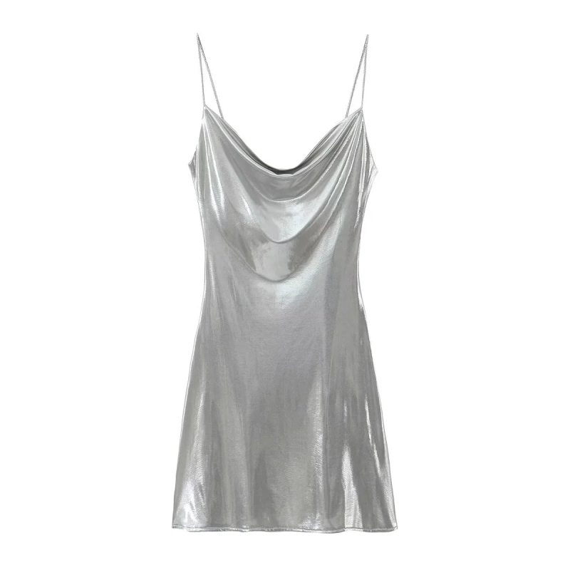 Duga haljina s trakama u camisole stilu, bez rukava, bez leđa, poliester, 3D efekt i kolaz detalji, A‑linijski kroj