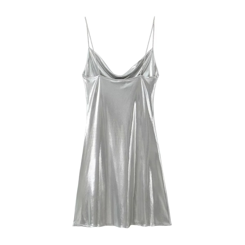 Duga haljina s trakama u camisole stilu, bez rukava, bez leđa, poliester, 3D efekt i kolaz detalji, A‑linijski kroj