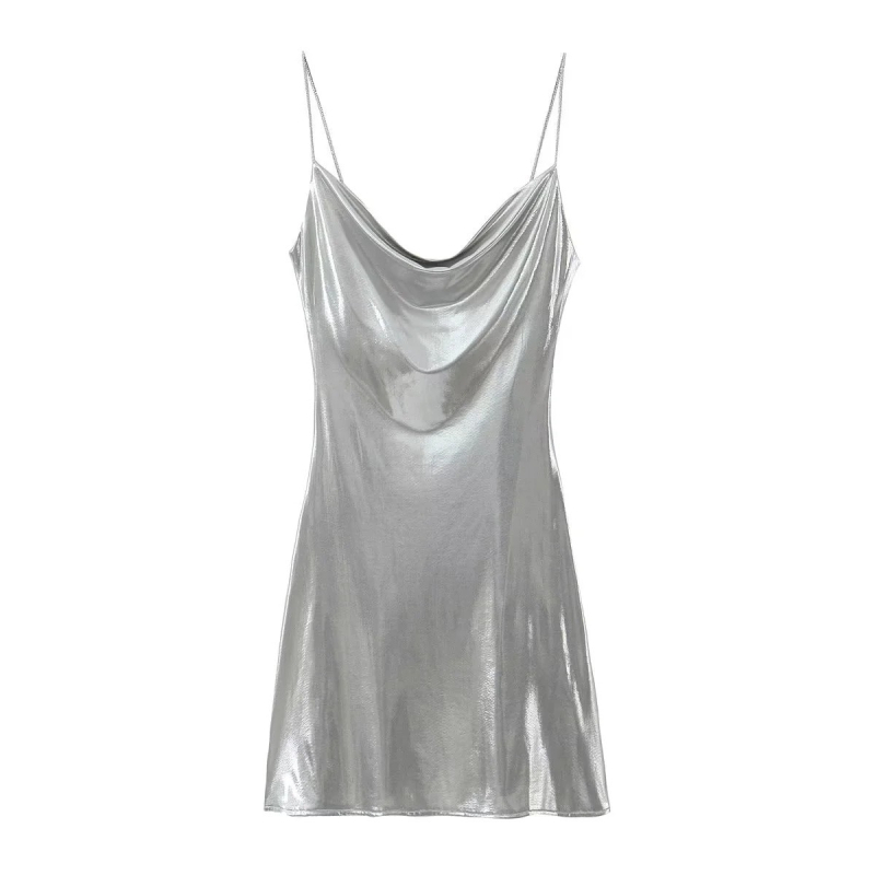 Duga haljina s trakama u camisole stilu, bez rukava, bez leđa, poliester, 3D efekt i kolaz detalji, A‑linijski kroj