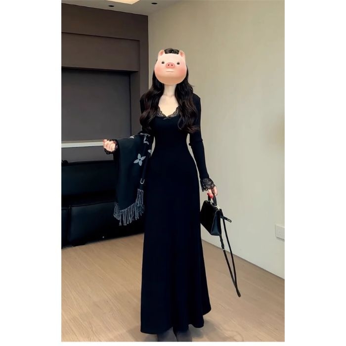 Šaty s dlhými rukávmi, V výstrihom, vysoký pás, A-líniová dlhá sukňa, polyester, pulórový strih, japonsko-kórejský voľný štýl, jar 2025