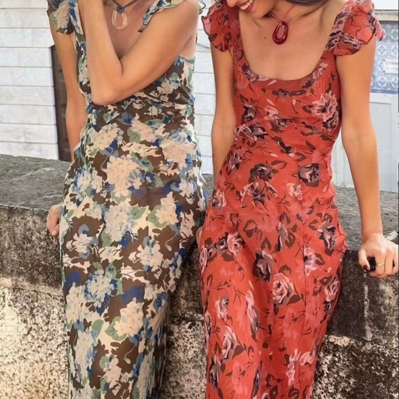 Haljina s francuskim floralnim uzorkom, dekolte u obliku U, bez rukava, spandeks materijal, duga suknja