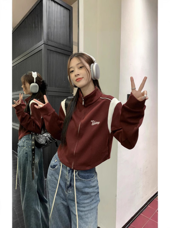 Ženska dukserica-jakna s kontrastnim blokovima, dugi rukavi, baseball stil, plus veličina, proljeće–jesen 2025